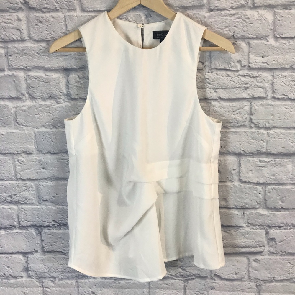 TopShop White Sleeveless Pin Tucked Peplum Womens Size 6 EUR 38 Pleated Blouse